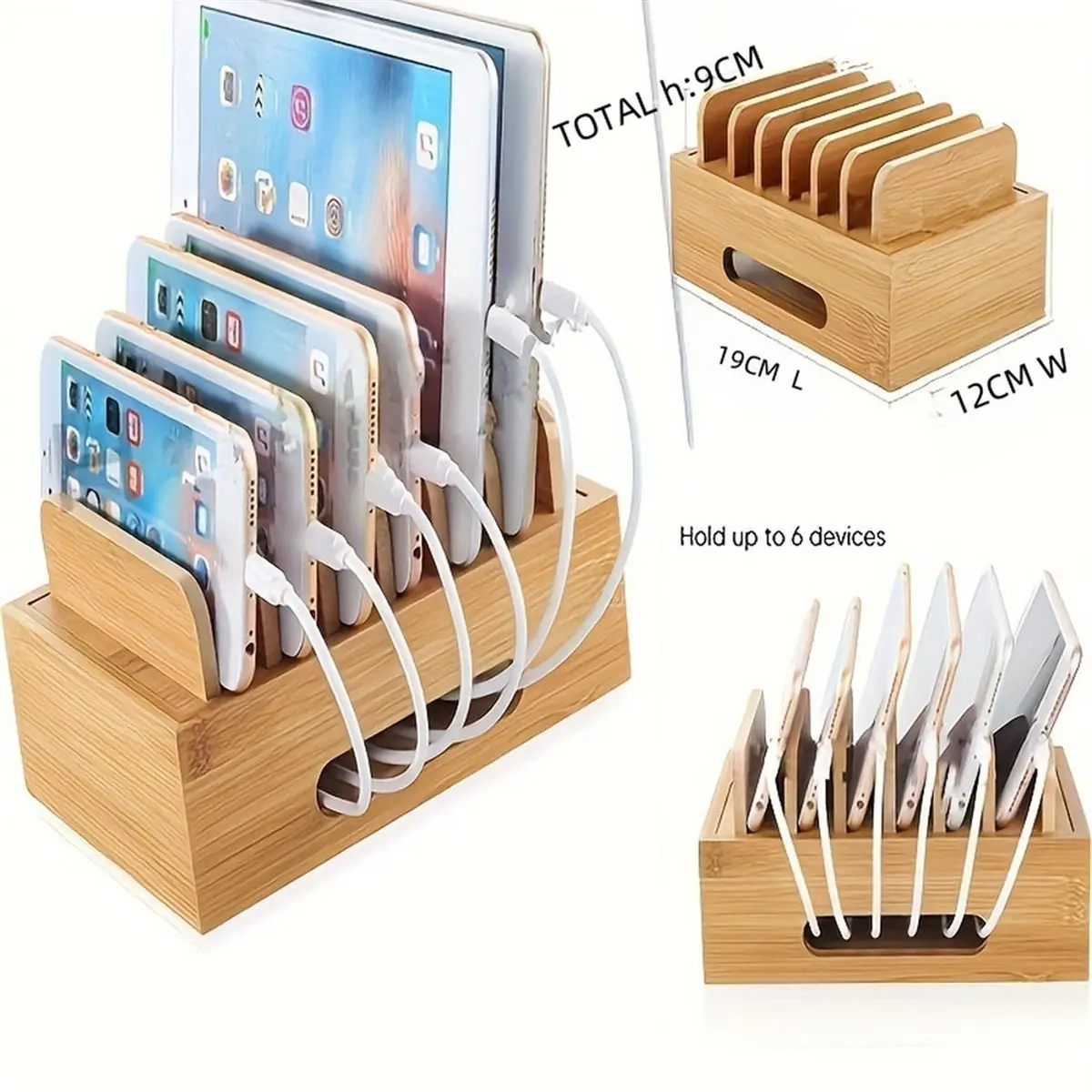 Bamboo Desktop Stand Bracket Large Capacity Dock Station Organizer for Universal Tablet and Phone Storage, Wooden Holder