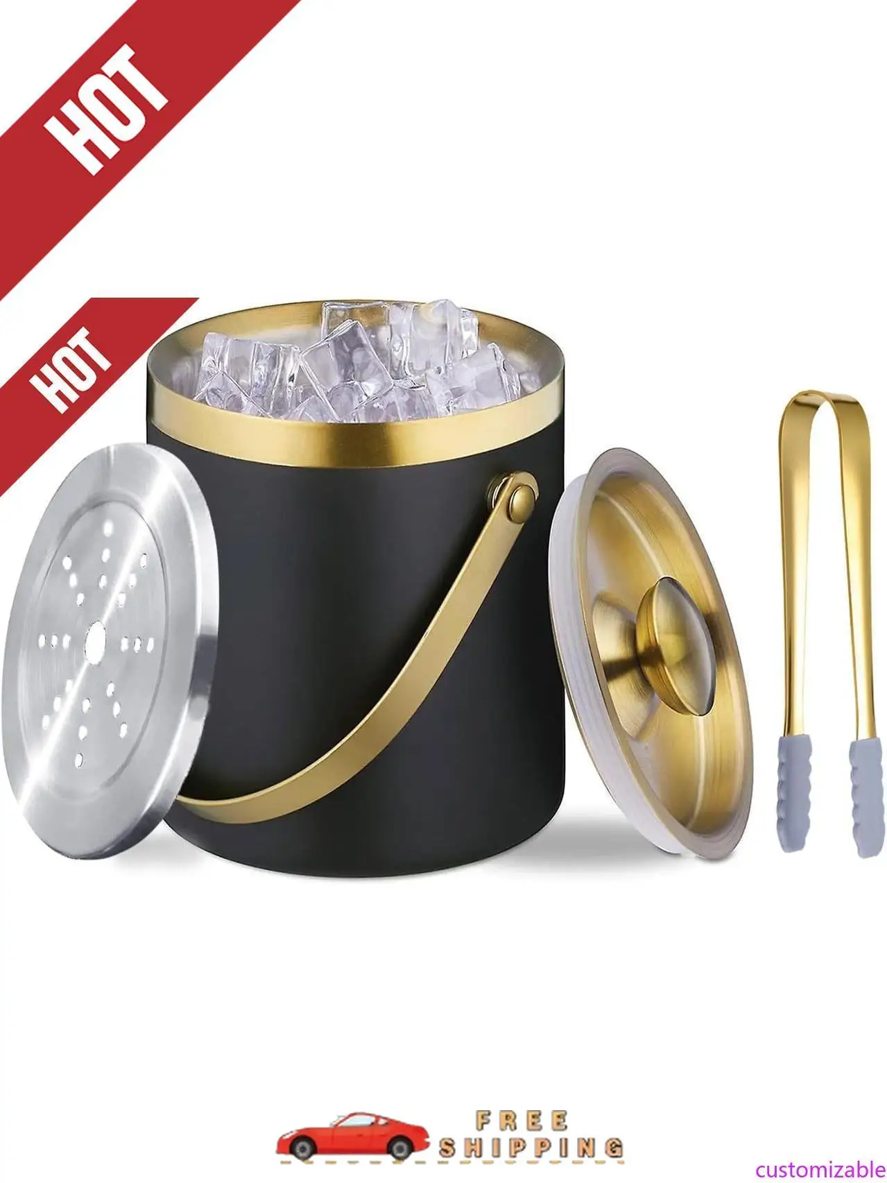 

Customizable Insulated Ice Bucket with Lid, Handle & Tong Black Gold Stainless Steel Champagne Bucket for Party 3L Bar Cart Acce