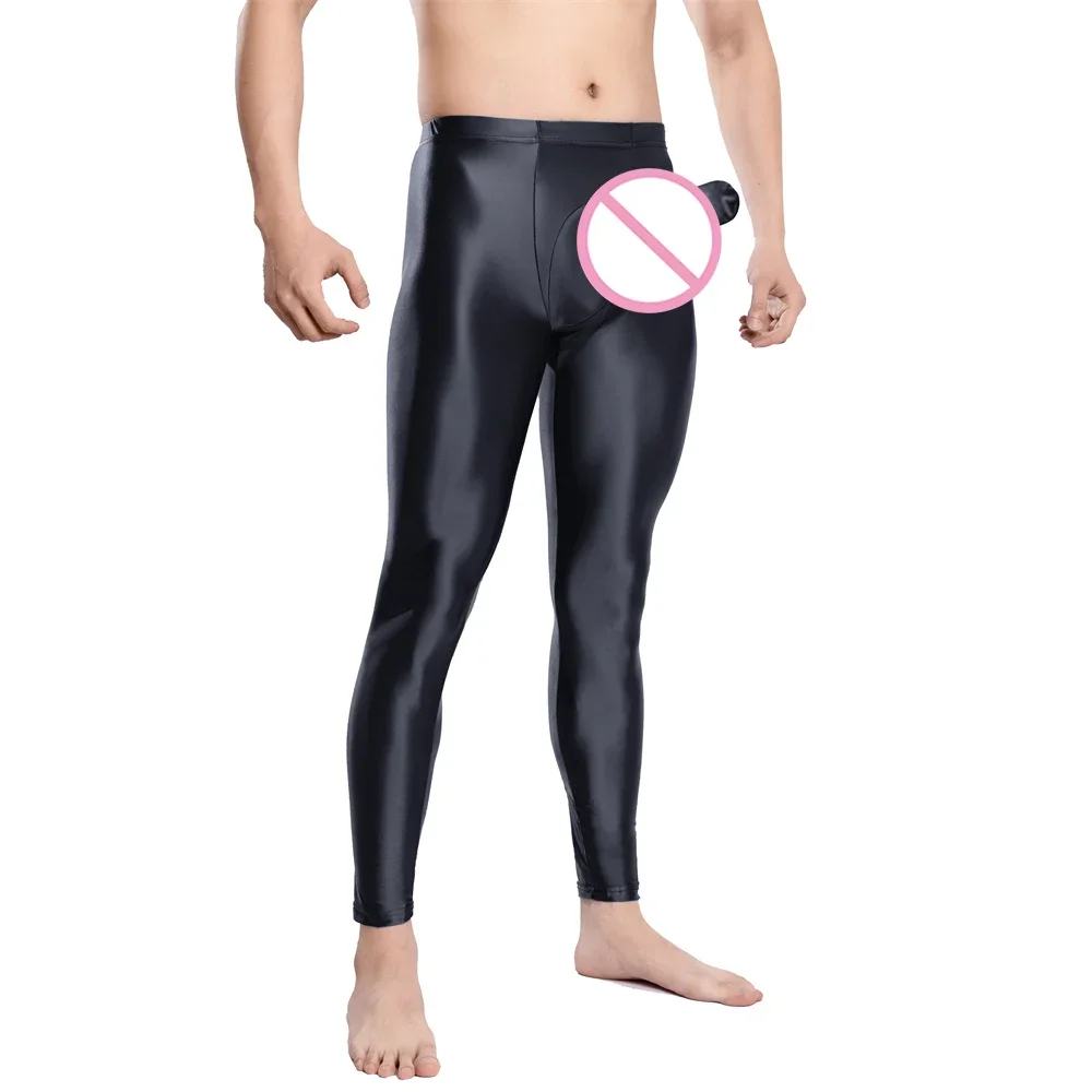 

Hot Selling Men's Shiny Oil Glossy Sexy Elephant Nose Pouch Smooth Sheer Long Johns Stretchy Leggings Male Sexy Sleep Home Pants
