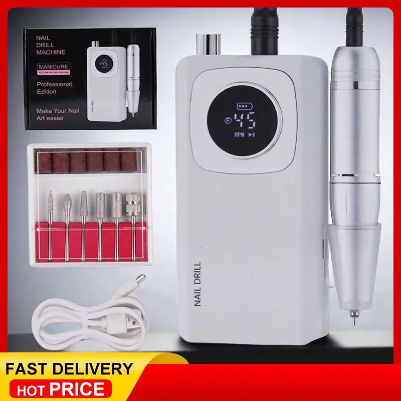 

Rechargeable High-Speed 45000RPM Nail Drill Machine with LCD Low Noise Professional Nail Polish Sander Kit Nail Art Accessories