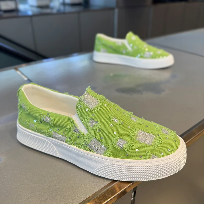 Summer Multi Color Mens Lazy Canvas Shoes Sequin Frayed Design Thick Rubber Sole Slip On Walking Casual Mens Footwear