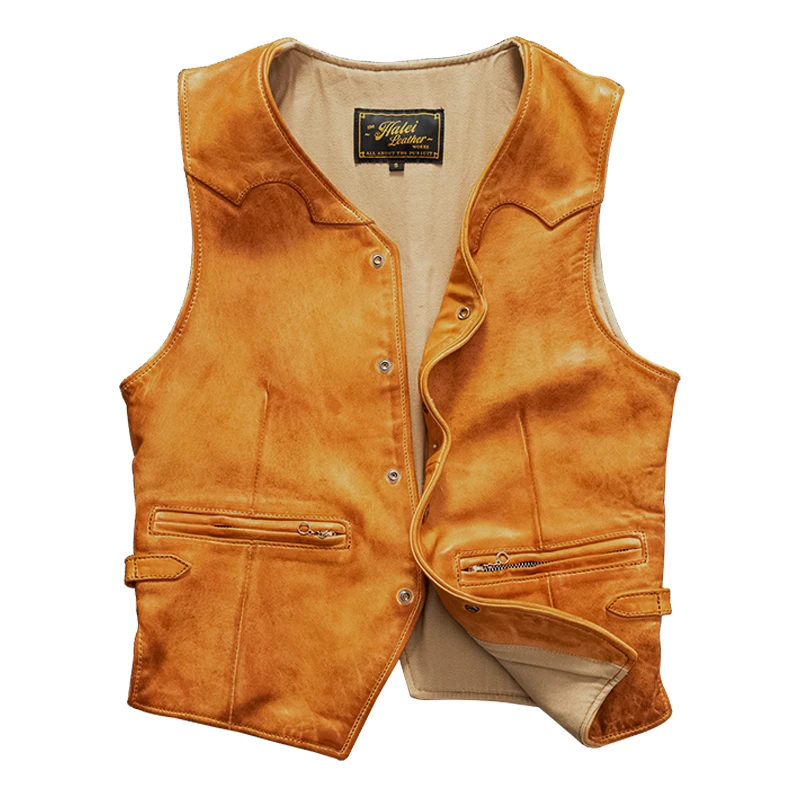 

Yellow Spring Leather Vest Men Single Breasted Casual Style Plus Size 5XL Genuine Natural Sheepskin Slim Fit Short Vest