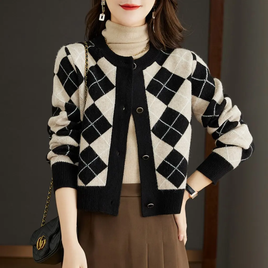

Women's Knitted Cardigan Spring Sweater round Neck Shawl High Waist Short Jacket with Skirt Small Size Fashionable Casual Style