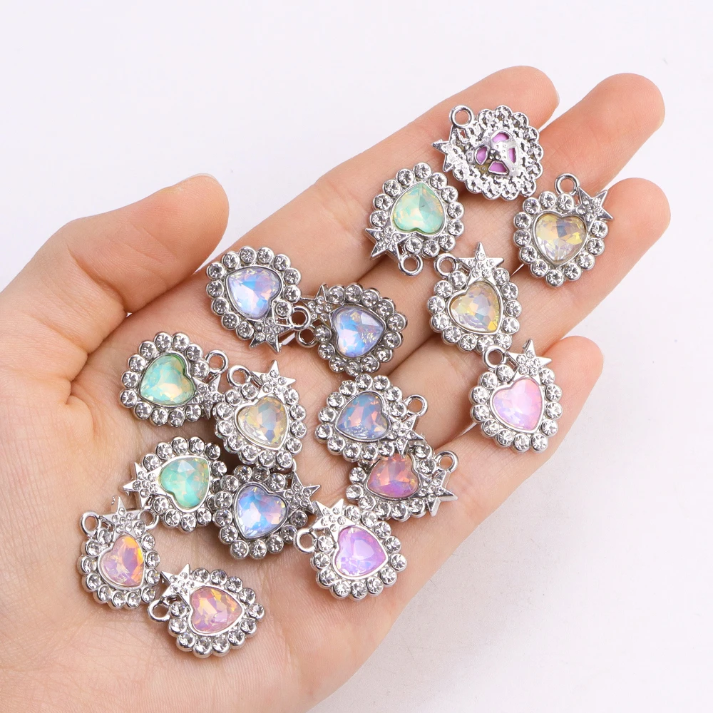 10Pcs Shining Gold Silver Color Alloy Crystal Zircon Love Heart Pendant Women\'s Necklace Earrings Charm DIY Craft Material
