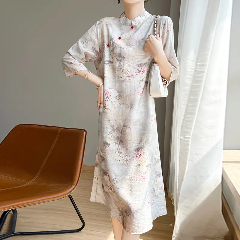 Summer New Chinese Style Qipao Standing Neck Light Luxury Long Dress Women's Sky Silk Cotton Satin Face Printing Cheongsam Thin