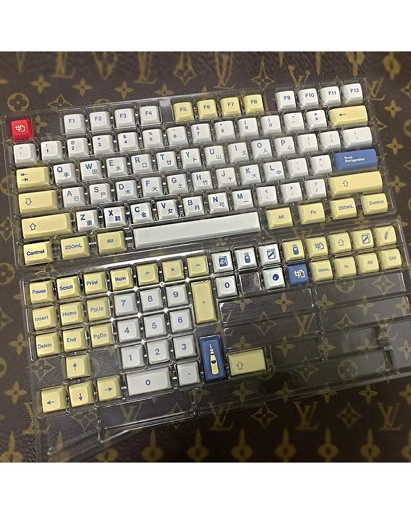 cute milk yellow blue keycaps set pbt dye sub keycaps with drink design for mechanical keyboards