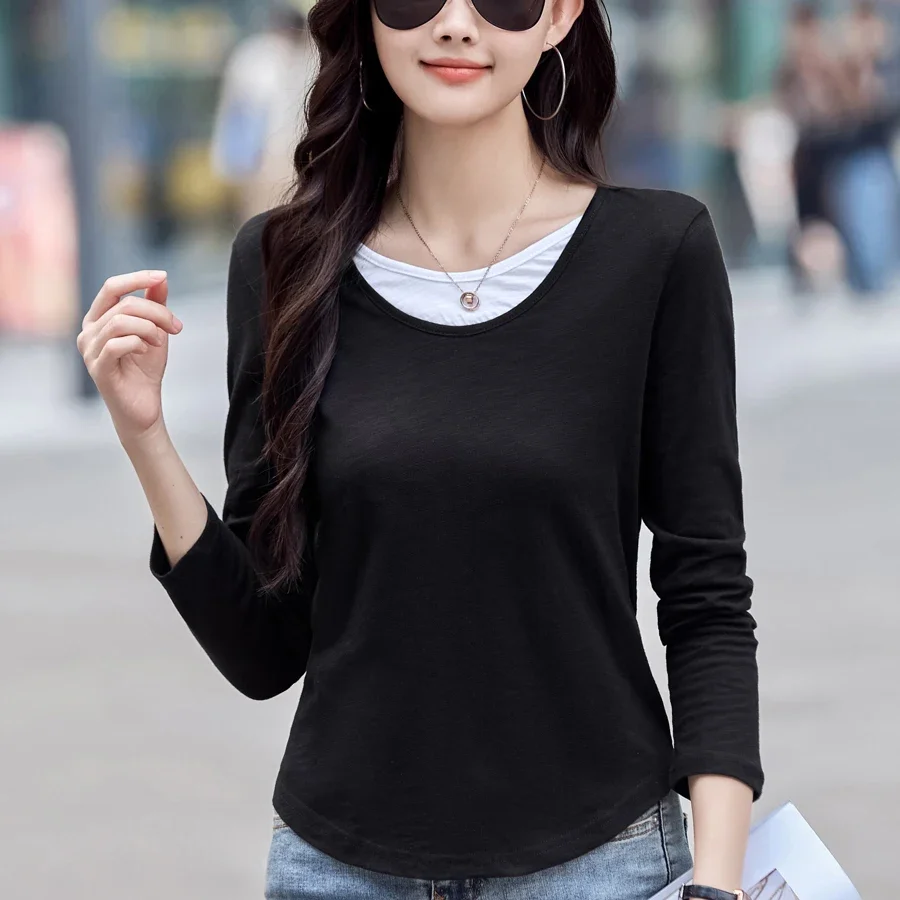 Fashion Figure‑Flattering Casual Tops ﻿ ﻿2026 Autumn Winter Pure Cotton V‑Neck Women T‑Shirt Faux Two‑Piece Long Sleeve Tee