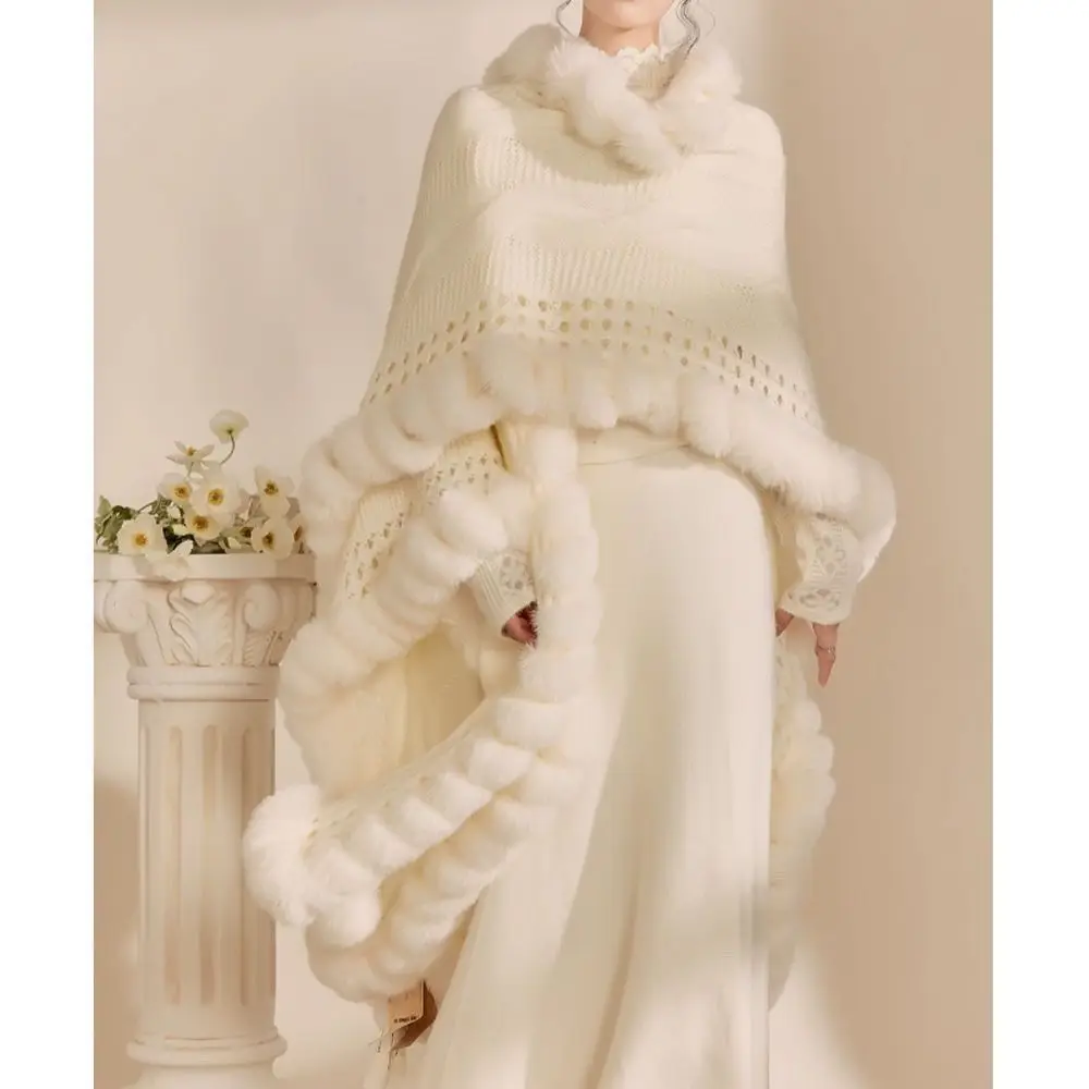 New Fashion Women\'s Clothing Hairy Balls Knitted Coats Autumn Hollow Out Solid Color Patchwork Aesthetic Elegant Tassel Wraps