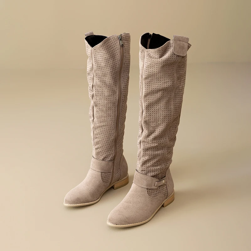 Plus Size Velvet Patchwork Frosted Velvet Rivet Zipper Wood Grain Low Heel Knee High Boots High Tube Flat Heel Boots