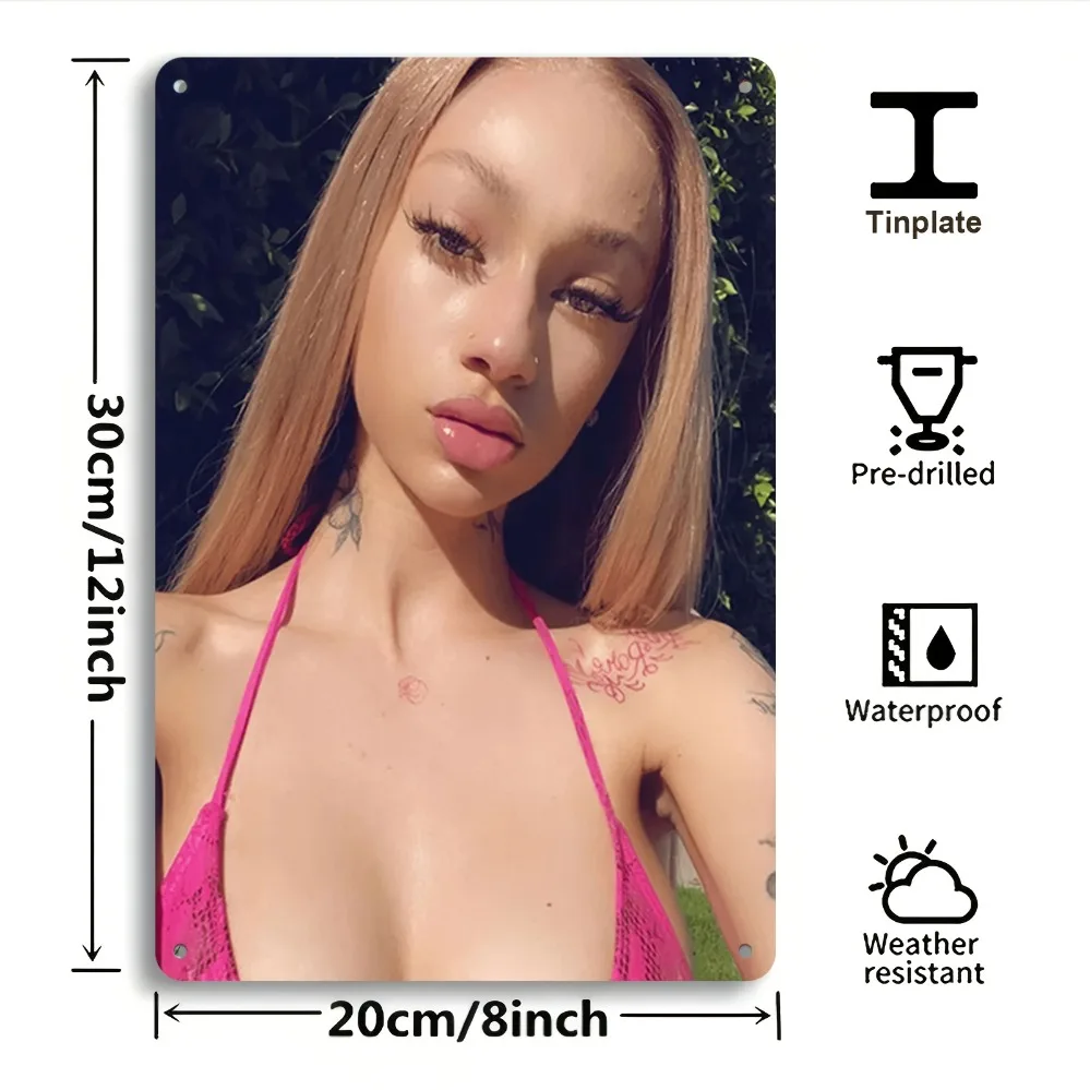 

2D flat Bhabie celebrity metal poster, 12x8 inch framed tin sign with pink bikini design, pop culture decor for home office. Per