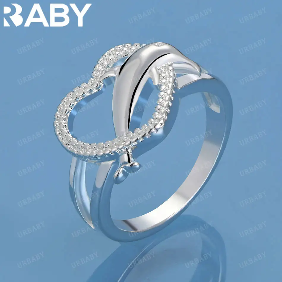 

URBABY 925 Sterling Silver Size 7-10 Zircons Heart Dolphin Ring For Women Fashion Jewelry Charm Grace Noble Wedding Accessories