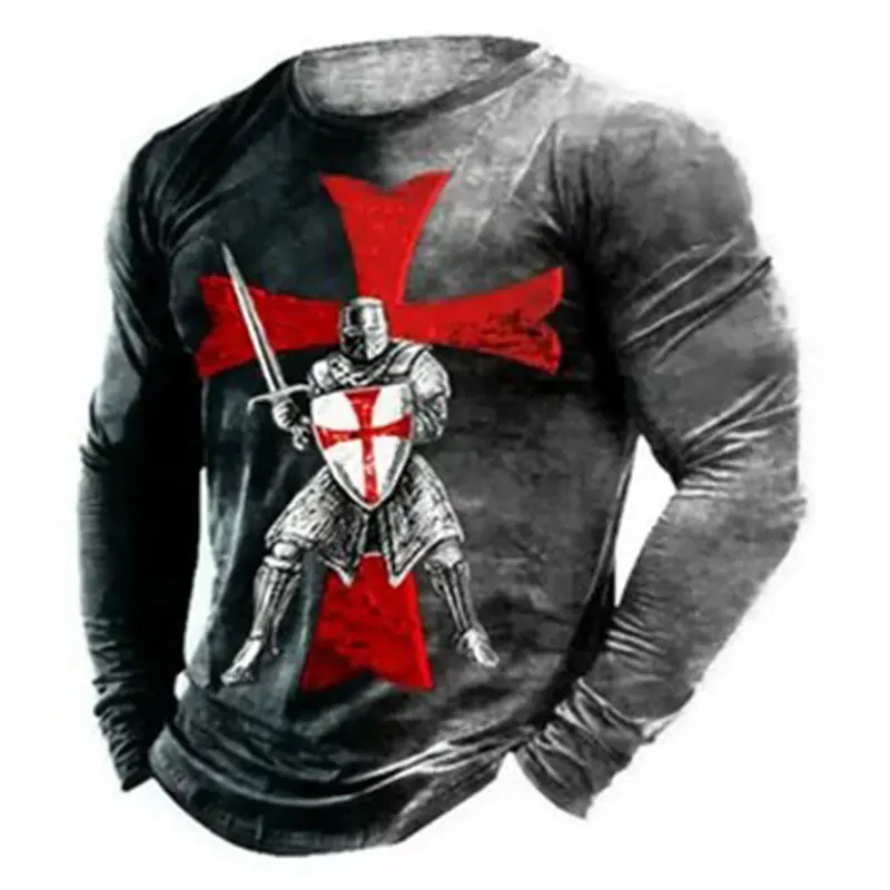 Templar Knight  Print Retro Fashion Casual Men\'s Round Neck Long Sleeve Street Hip Hop Extra Large Speed Drying Wearing T-shirt