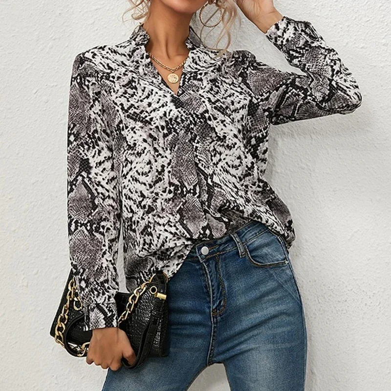 Print Long Sleeve Women Shirt Spring and Autumn Fashion V-neck Blouse Tops Vintage Shirts Snake Women Clothing Blusa Mujer 22096