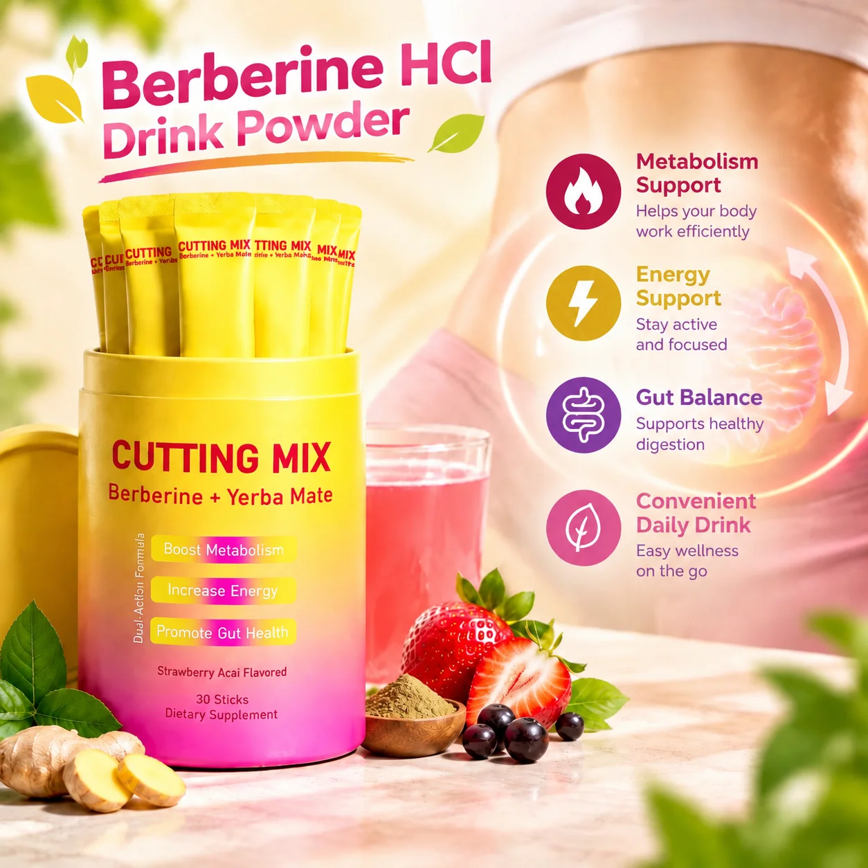 Berberine HCl Drink Powder for Metabolism Support & Gut Balance with Yerba Mate Chromium Ginger Inulin Vitamin B6 B12 30 Sticks