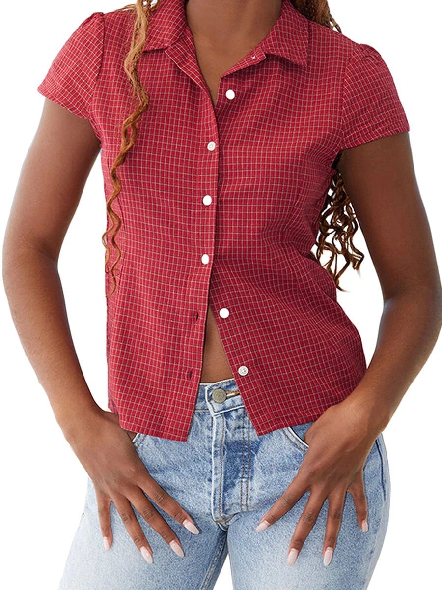 여성 여름 캐주얼 격자 무늬 셔츠 빨간색 반팔 턴 다운 칼라 Buton Up Tops