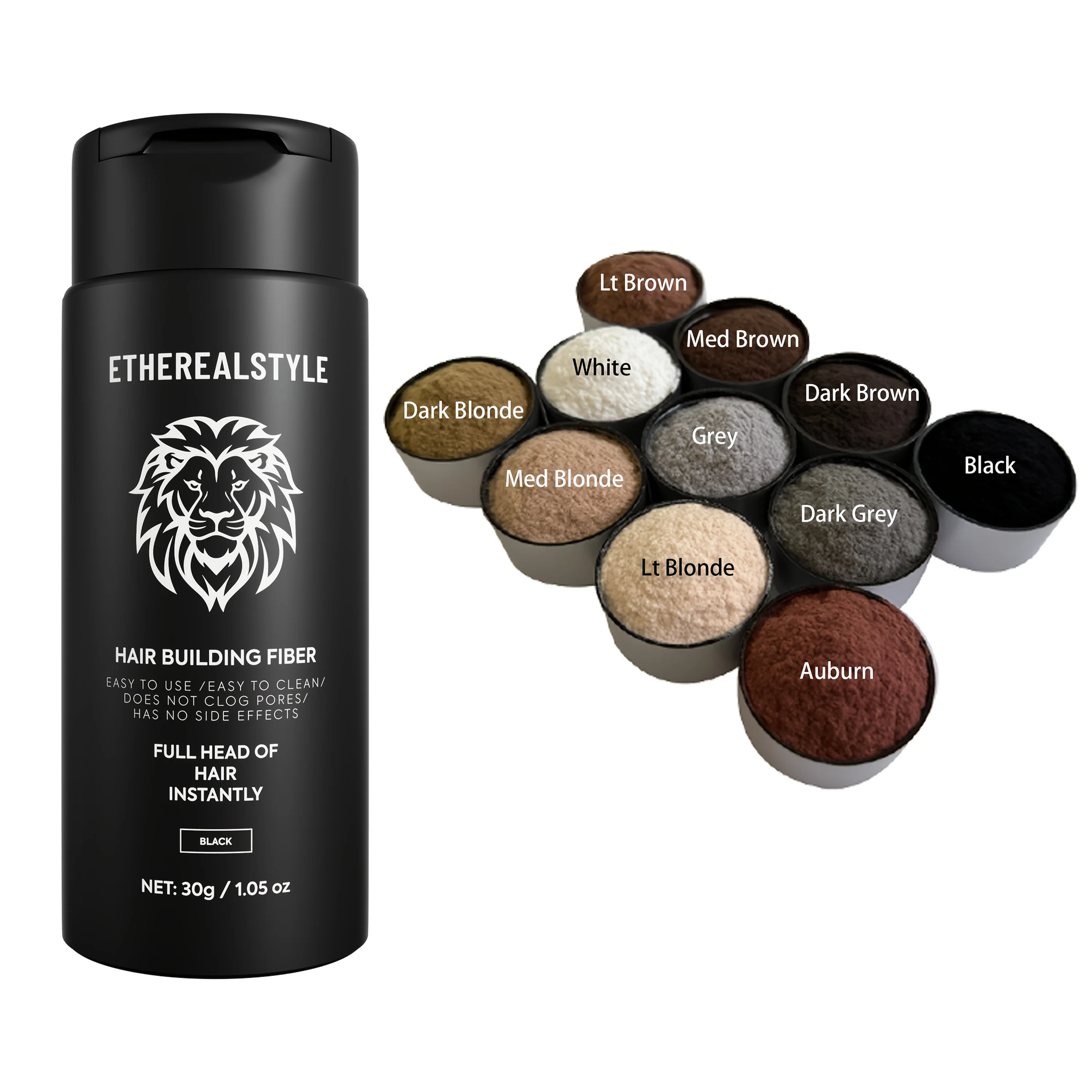 

Hair fiber powder, 30 g. There are 11 colors available for selection, It is a natural concealing produ