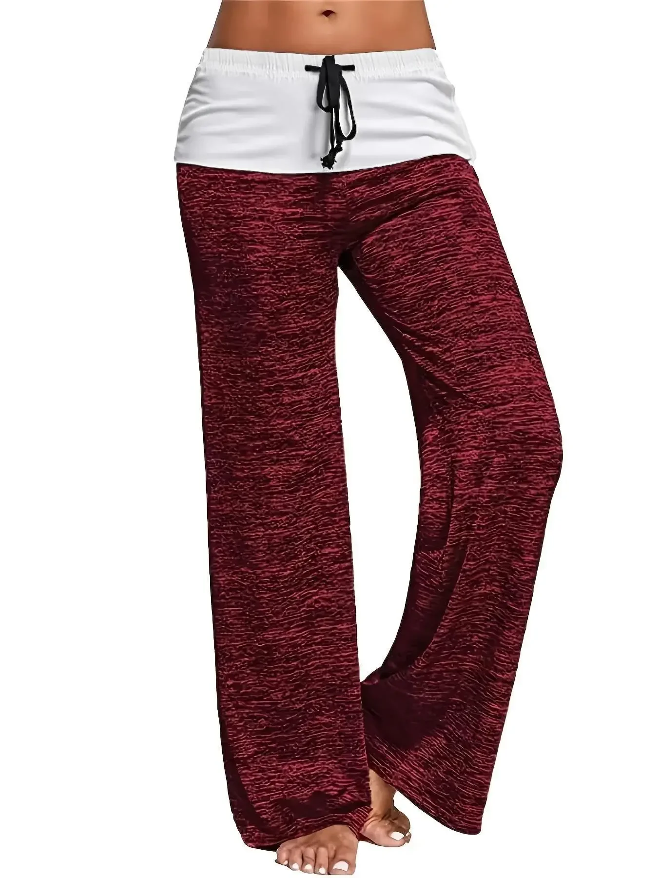 Ladies Contrast Waist Drawstring Loose Fit Wide Leg Trousers Casual Home Workout Yoga Pants