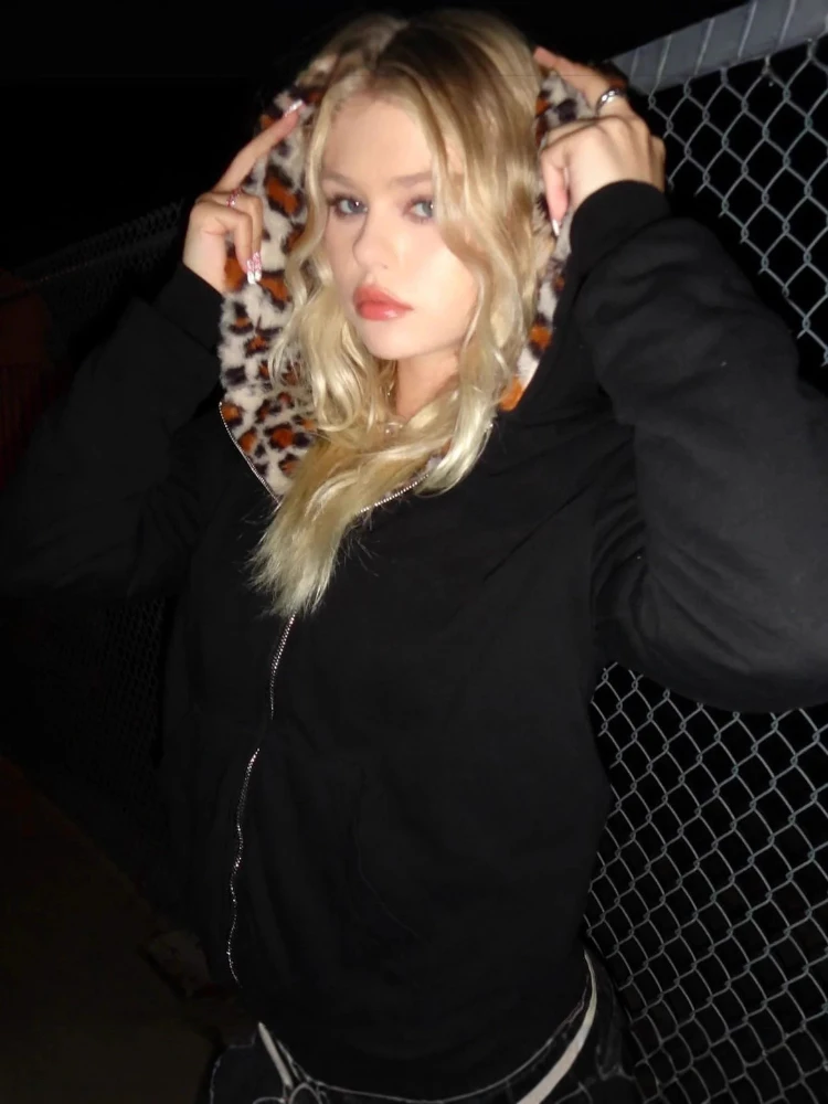 

Double sided leopard print hoodie for autumn and winter fashion brands, high street casual personalized jacket, hooded sweatshir