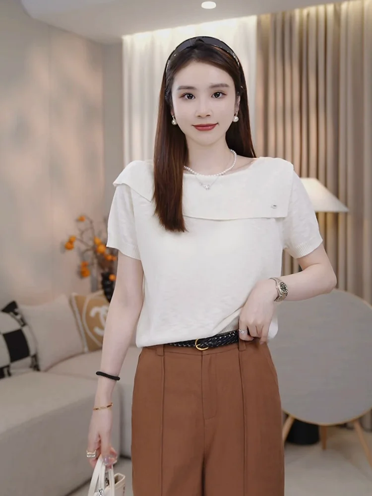 

Faionable Knitted Crew Ne ort Sve Base irt Casual Versatile Women's Top Korean Sle Straight Cut Summer New Arrival