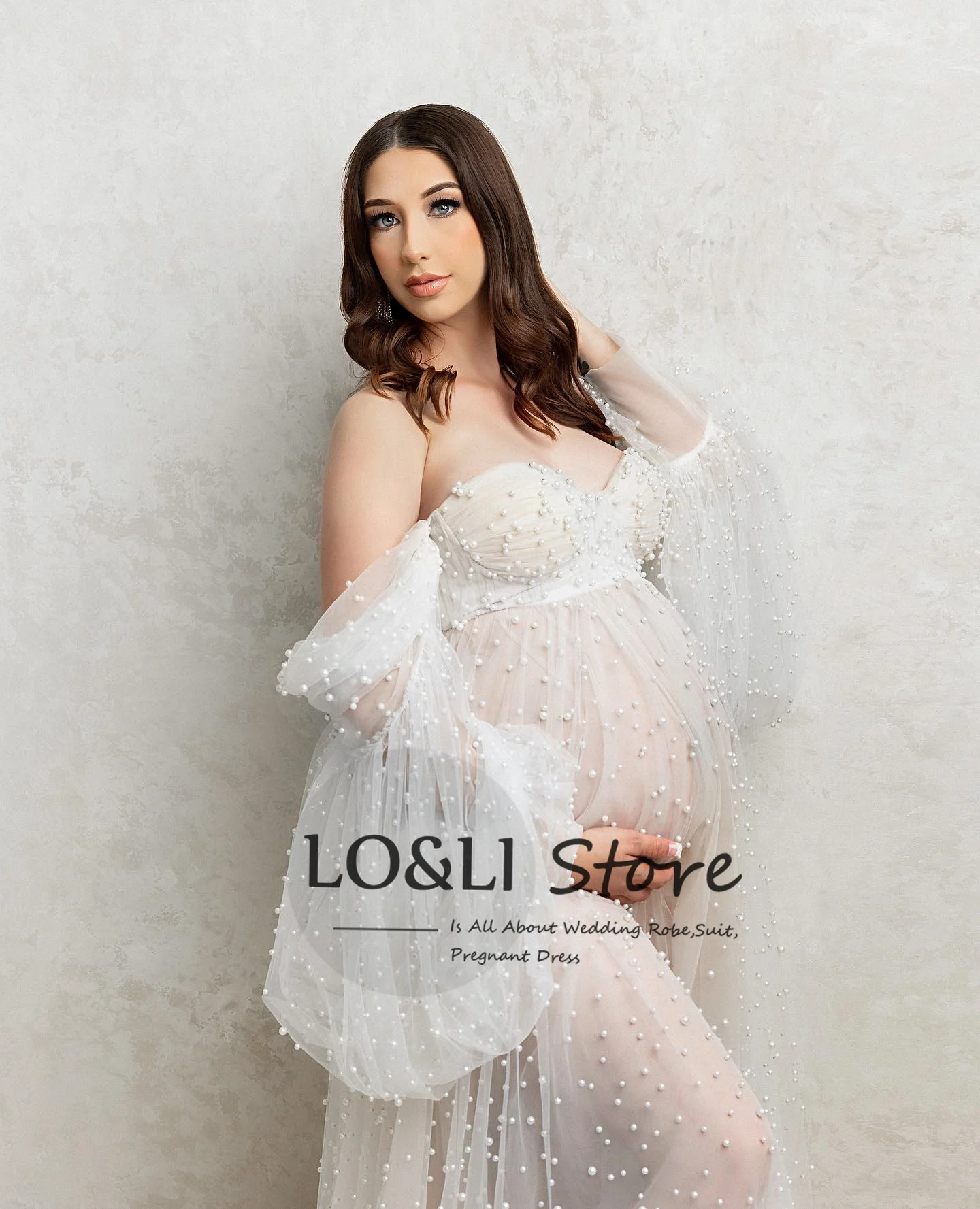 Off Shoulder Pearl Tulle  Babyshower Clothes Maternity Photography Dresses White Sexy Dress For Woman Long Pregnancy Shoot Gown