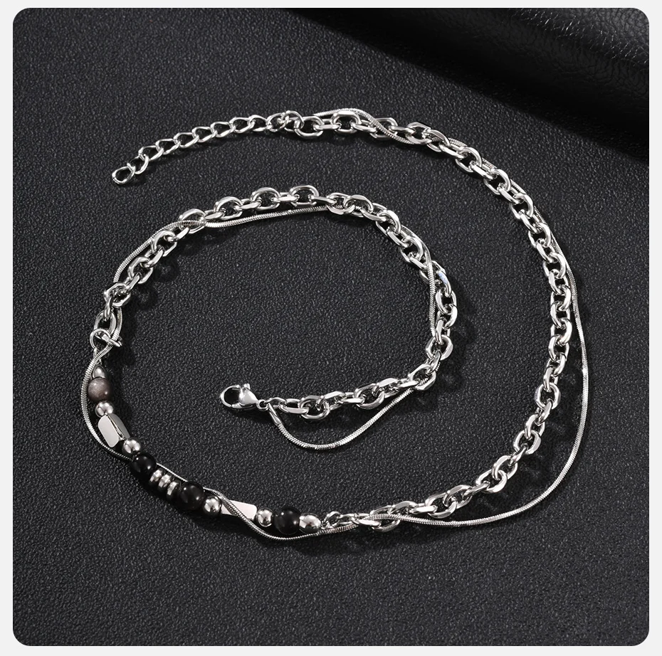 Vnox Figaro Doppelschichtige Kettenhalskette für Männer, Edelstahl Türkis Tigerauge Onyx Perlen Verstellbarer Hip-Hop Schmuck Geschenk – Detail 7
