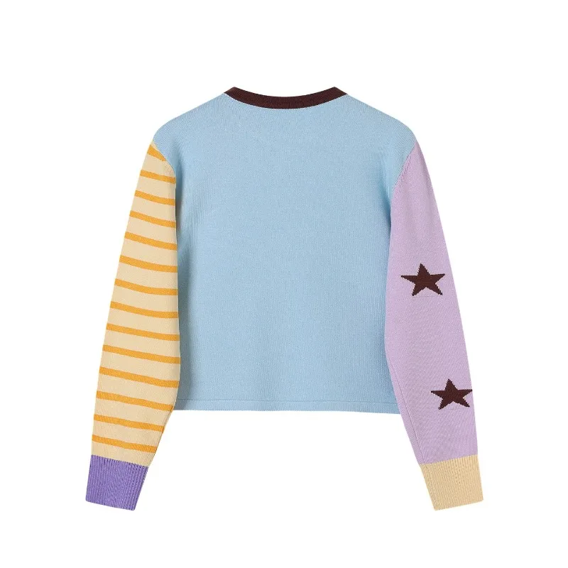 甘い漫画ジャカードカラーブロックストライプニットカーディガン女性の秋ヴィンテージ O ネックフルスリーブセーター女性ニットトップス