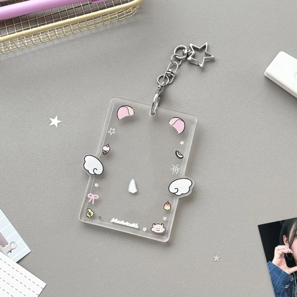 with Keychain Korean Photocard Holder Cartoon Animals Ears Acrylic Transparent Card Bag Wing Square Bag Pendant Student Friends