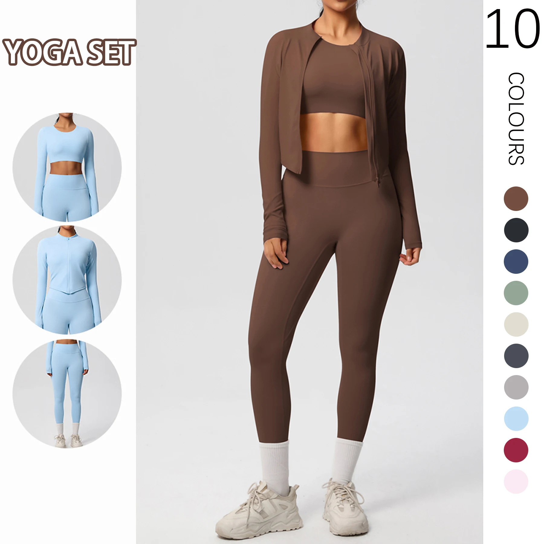 Sports Yoga Sets High Waist Nude Sports Zipper Long Sleeved Workout Top Summer Running Cycling Push Up Yoga Pants Fitness Suit