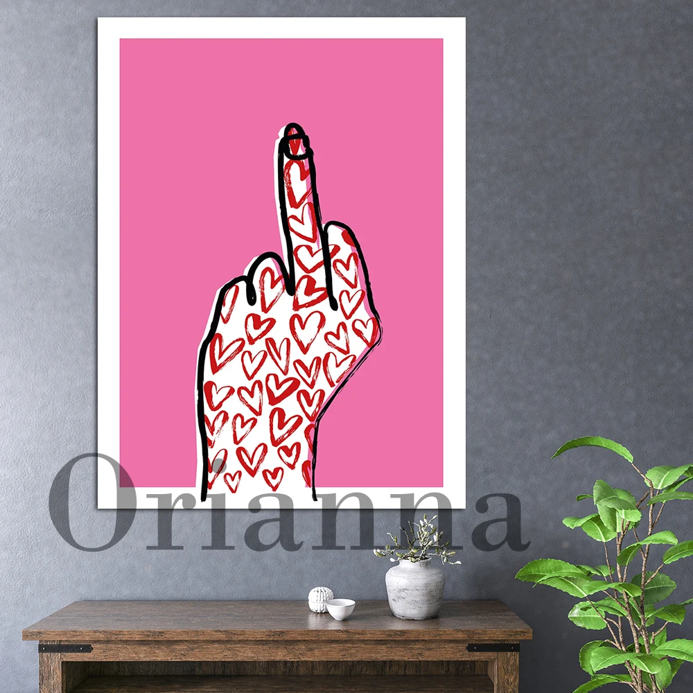 

Pink Hearts Middle Finger GlicéE Love-Hate Prints Poster Funny Present Break-Up Gift Rude Ironic Art Picture Decor Painting