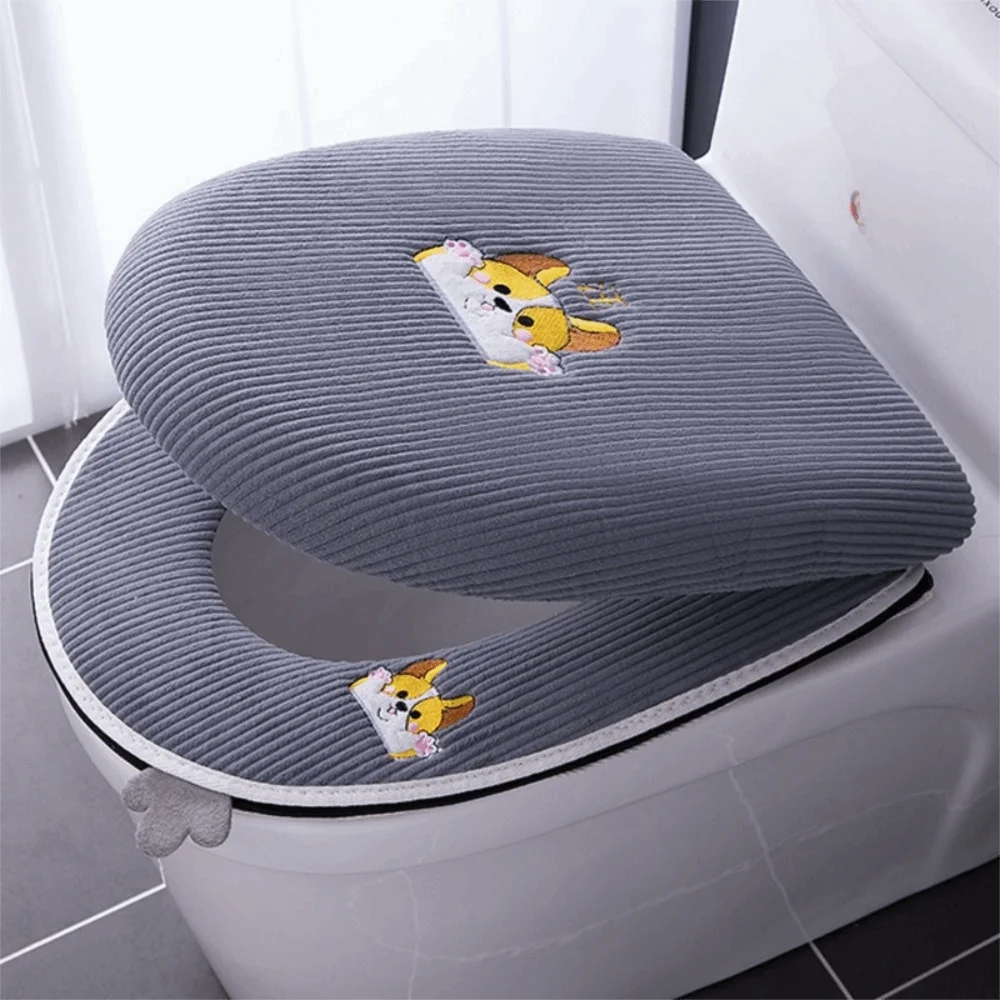 

2PCS/Set Cartoon Embroidered Toilet Seat Cover Warm Plush Closestool Cover Zipper Protector Soft Toilet Seat Cushion
