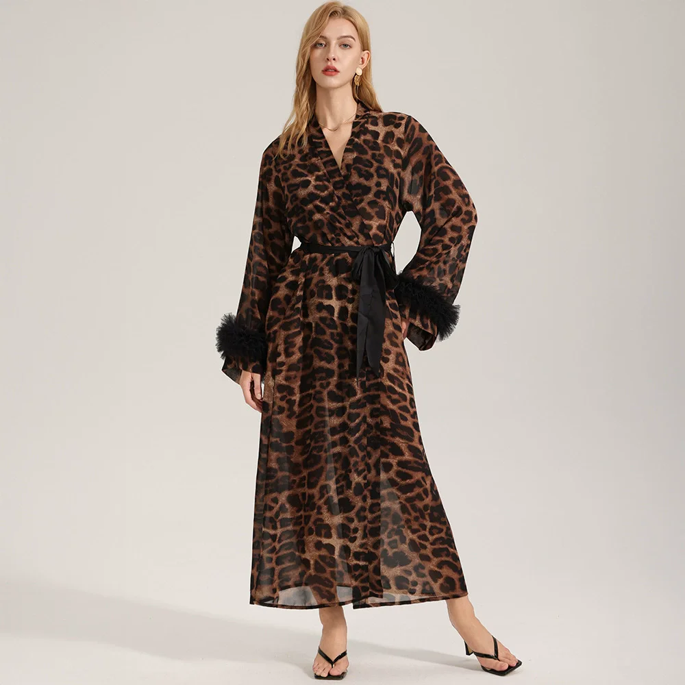 

New Sexy Sleepwear for Women Summer and Autumn Long Sleeved Leopard Print Morning Gown Pearl Gauze Home Wear Nightgown