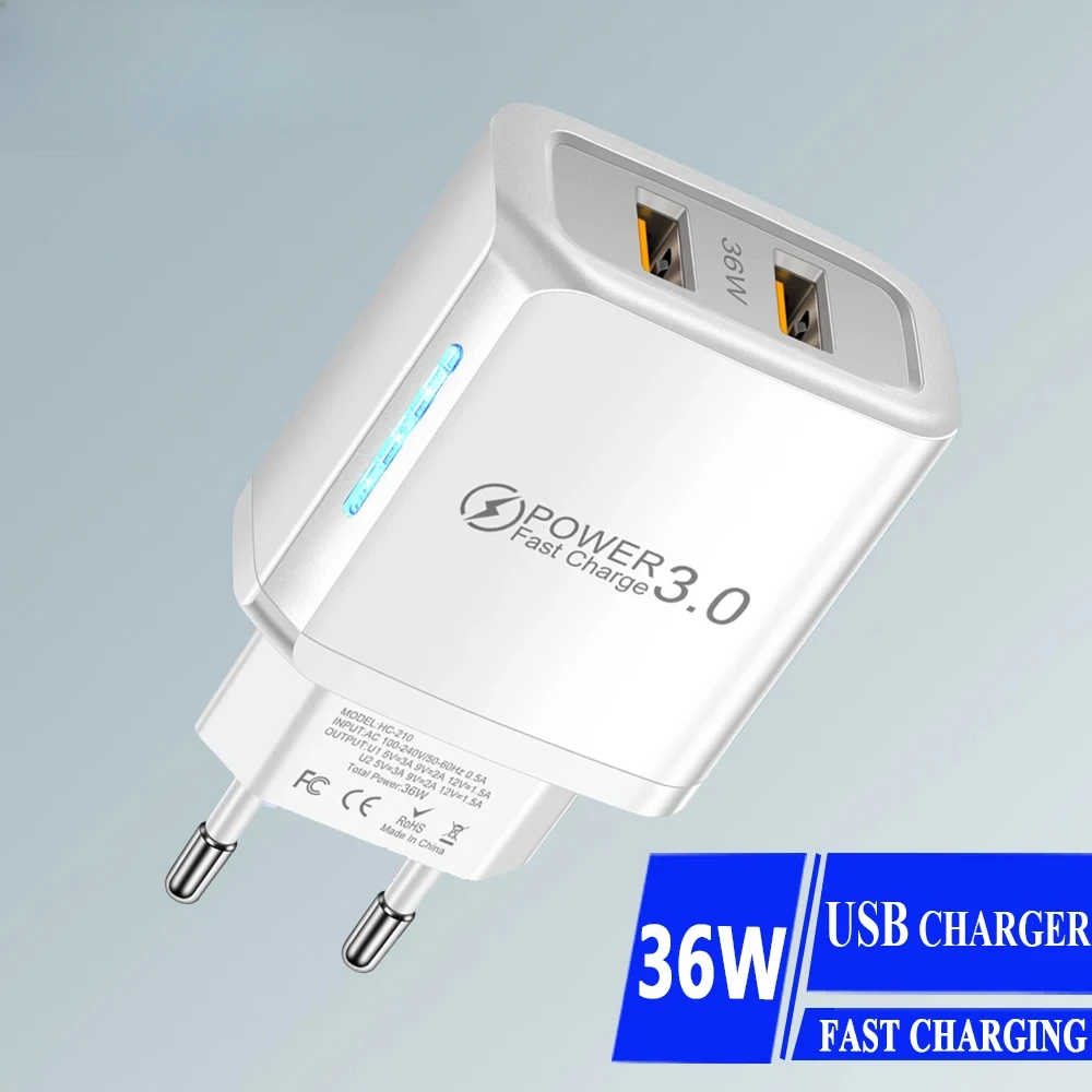 USB Charger 36W Real Fast Charging High Speed Quick Charge QC3.0 Mobile Phone Wall Adapter Muti 2 Ports for Huawei Xiaomi Iphone