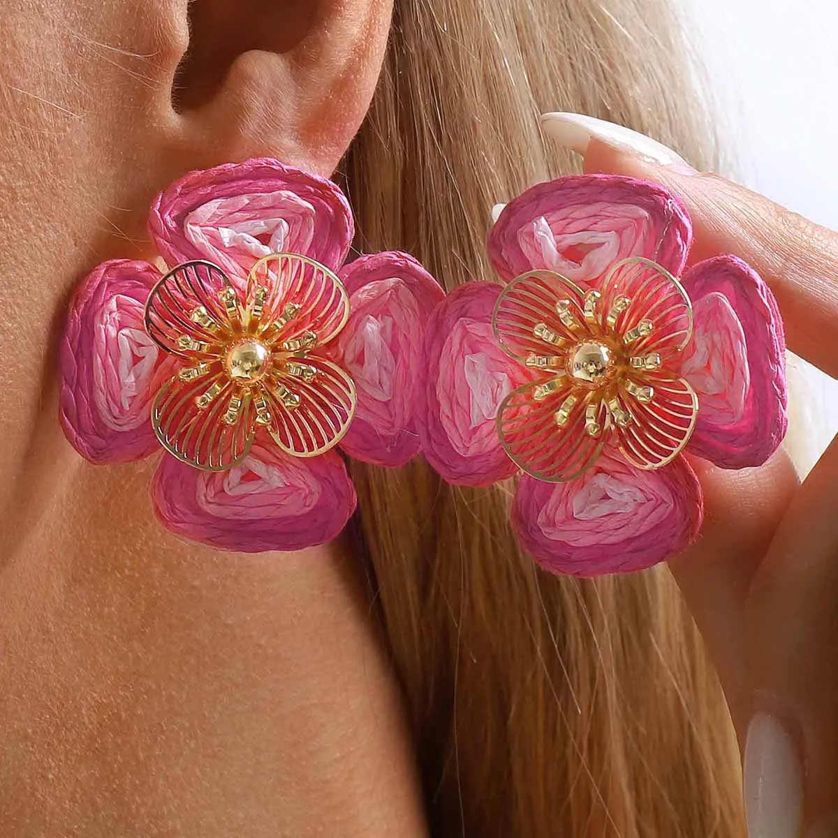 Vibrant Pink Layered Ruffled Floral Statement Drop Earrings Gold Filigree Stamen Sweet Summer Party Jewelry Accessories Gift