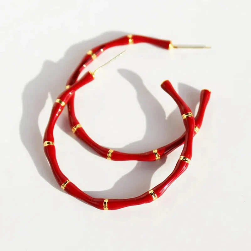 

New Year Statement Classic Red Drip Oil C-shaped Bamboo Large Hoop High-end Feeling Round Circle Exaggerated Earrings for Women