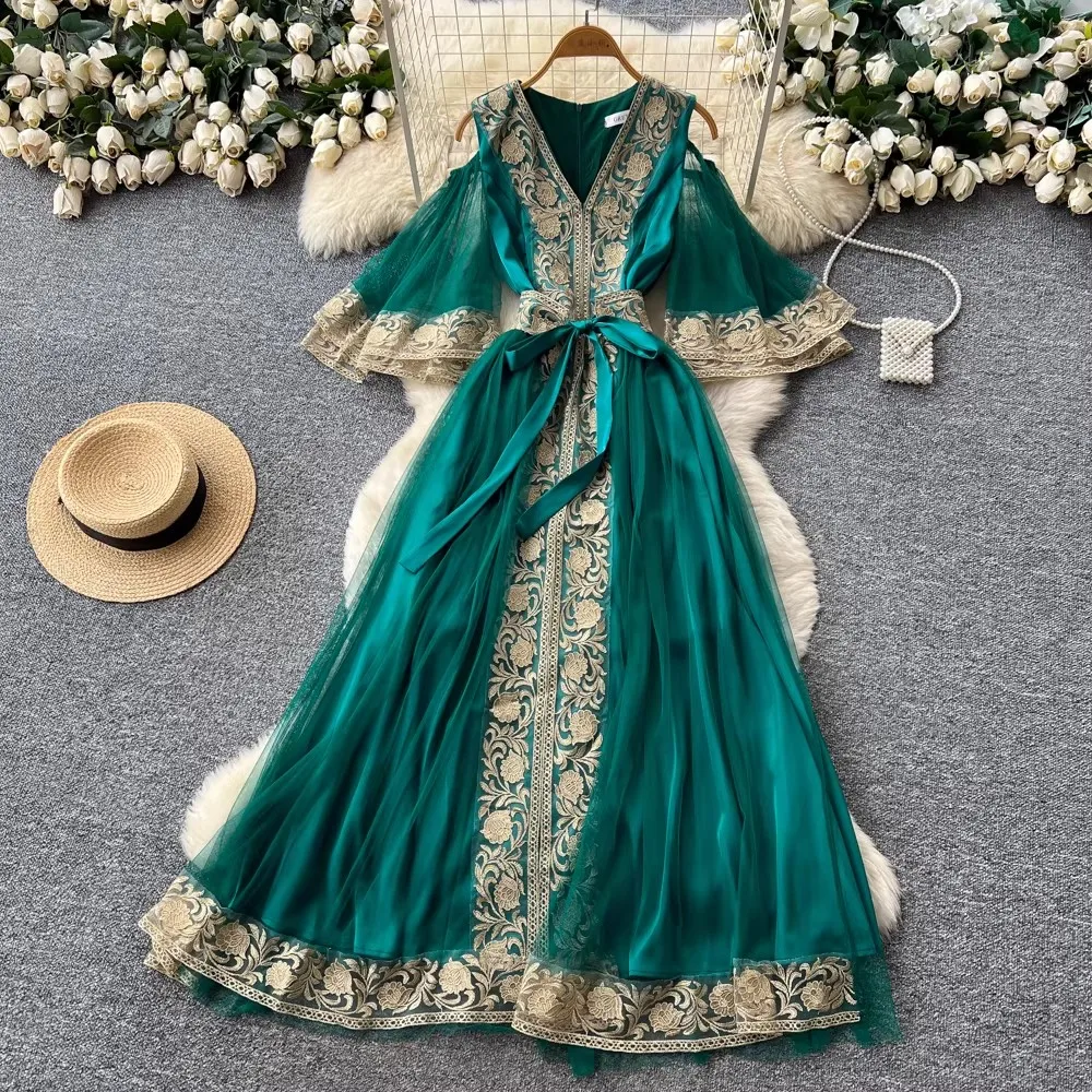 

New Fashion Embroidery Mesh Patchwork Long Dress Women Summer Elegant V-Neck Off Shoulder Bat Sleeve Dresses Female Clothing