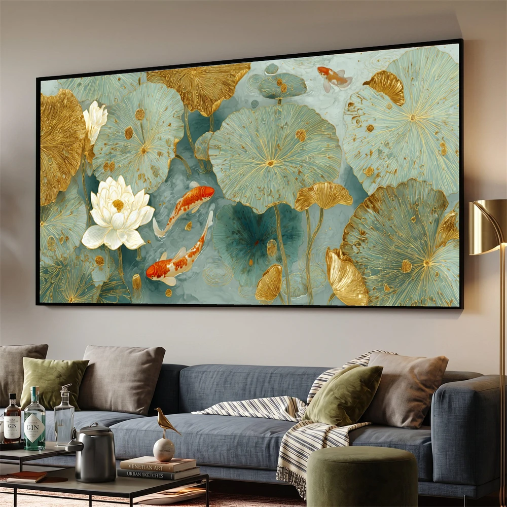 Affiche d'art élégante avec motifs de bassin de lotus, poissons Koi et nénuphars, peinture sur toile de jardin aquatique paisible, motif floral bleu et doré