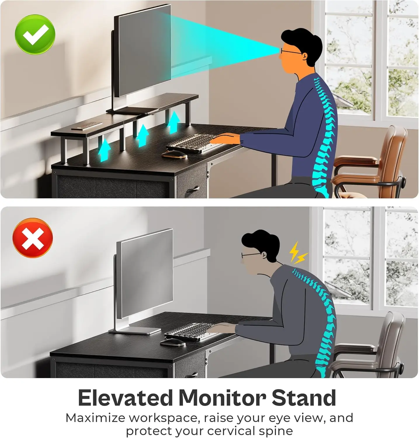 55 Inch Computer Desk with Power Outlets and LED Lights, Gaming Desk with 4 Drawers, Office Desk with Monitor Stand