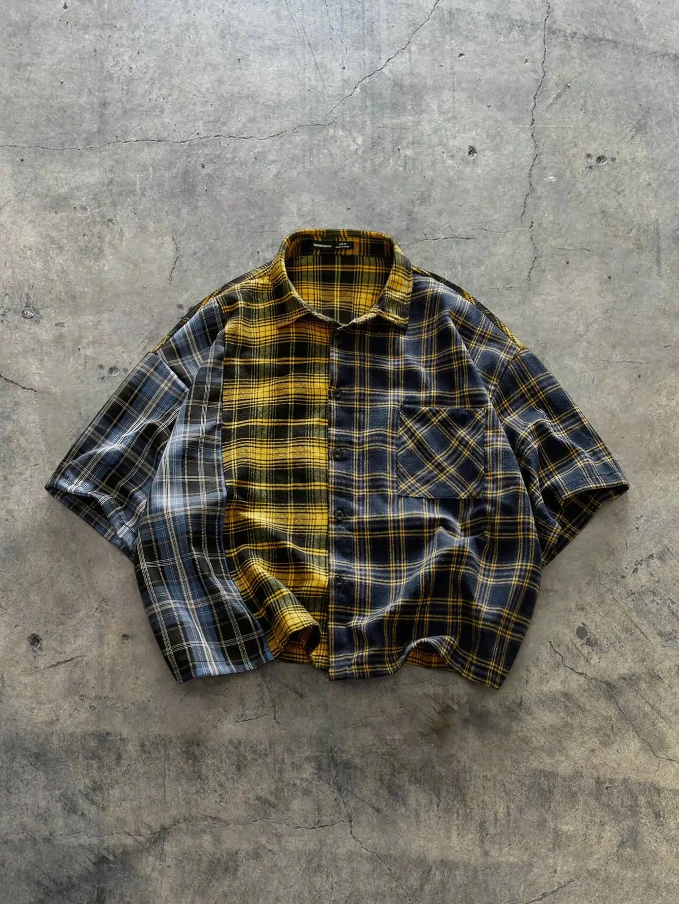 

Men's Contrast Plaid Oversized Shirt - Yellow & Navy Blue, Casual Streetwear