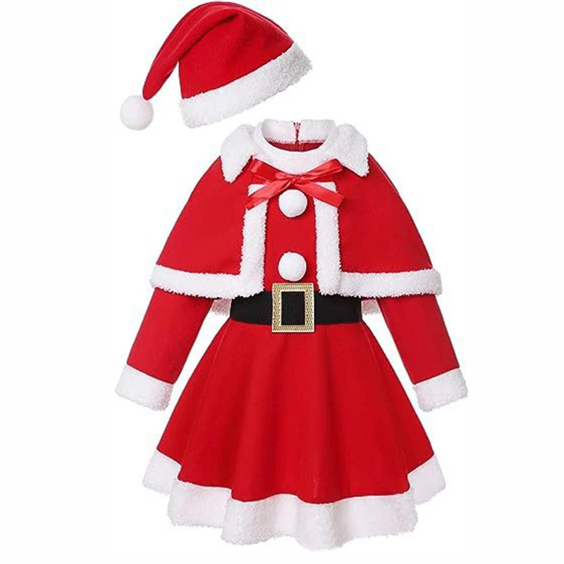 Toddler Baby Girls Christmas Elk Hooded Costume Red Santa Claus Long Sleeve Princess Dress With Belt & Hat Shawl Xmas Outfits