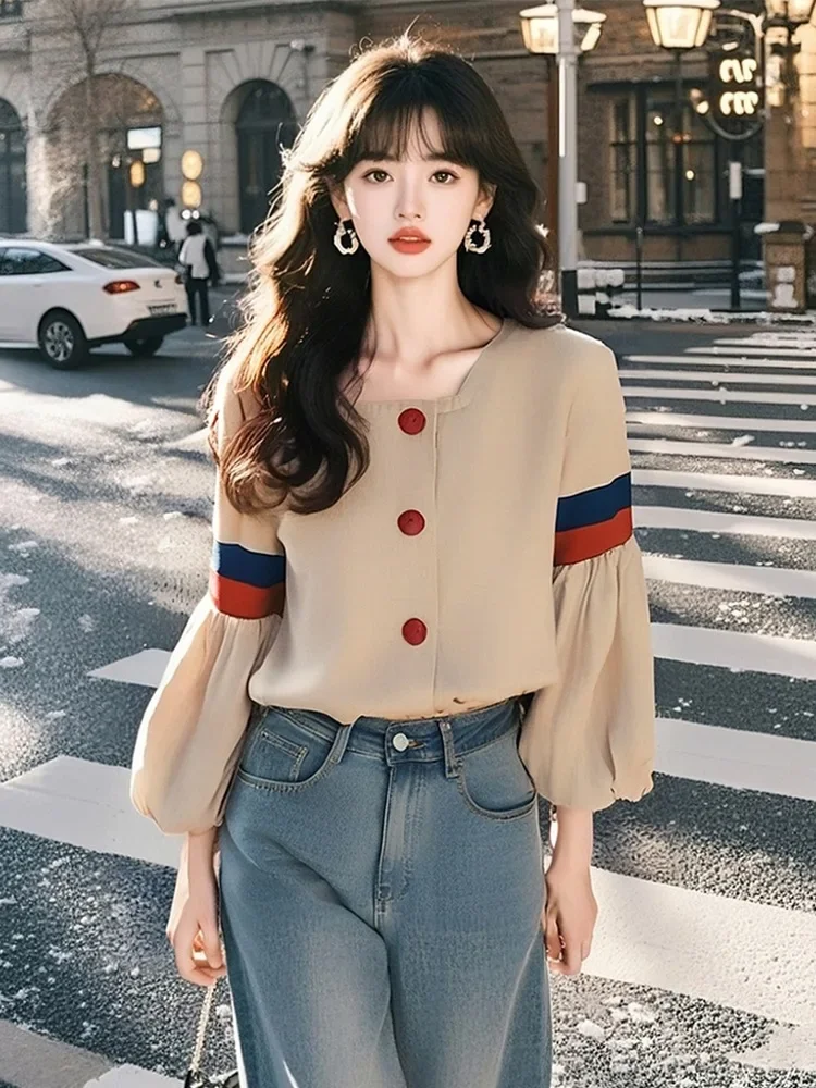 

French apricot lantern sleeve bottoming shirt long sleeve T-shirt women's 2025 new early spring design Korean top