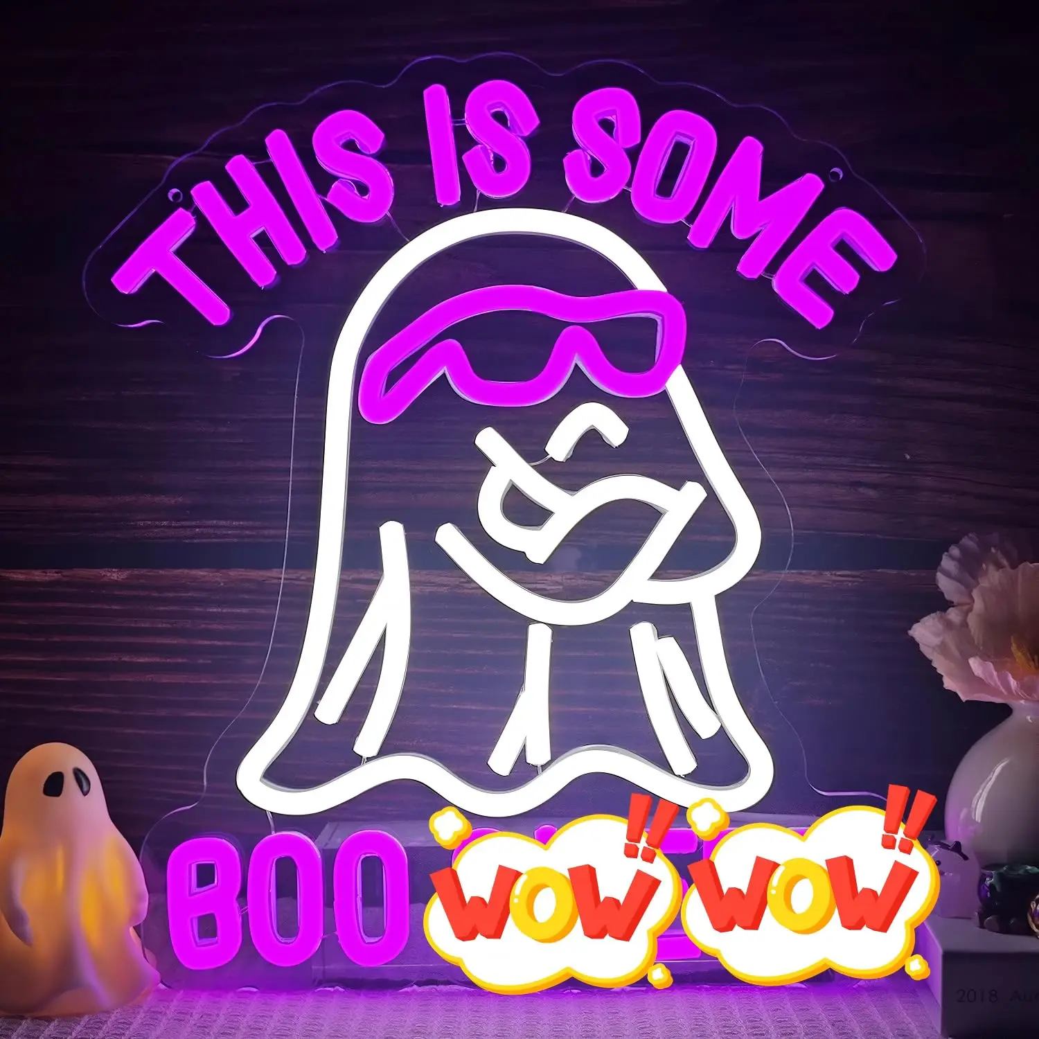 Boo Ghost Neon Sign for Wall Decor Humorous Ghost Light Funny Holiday Atmosphere Dimmable Switch for Bedroom Living Room Gift