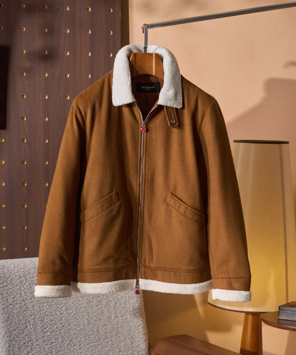Kiton wool-blend cashmere men's padded fur collar jacket