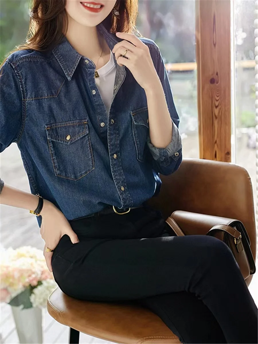เสื้อเชิ้ตยีนส์ลำลองผ้าฝ้ายแท้สำหรับผู้หญิง แบรนด์ดัง คอลเลคชั่นฤดูใบไม้ร่วง-ฤดูหนาว แขนยาว ทรงเข้ารูป