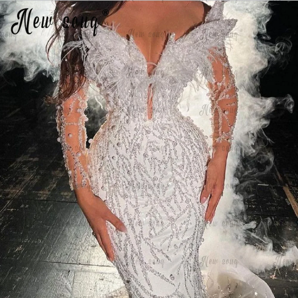 Robe de Mariée Off Shoulder Beading Luxury Wedding Dress Arabic Deep V Neck Bridal Gowns Romantic Wedding Gowns Custom Made 2023