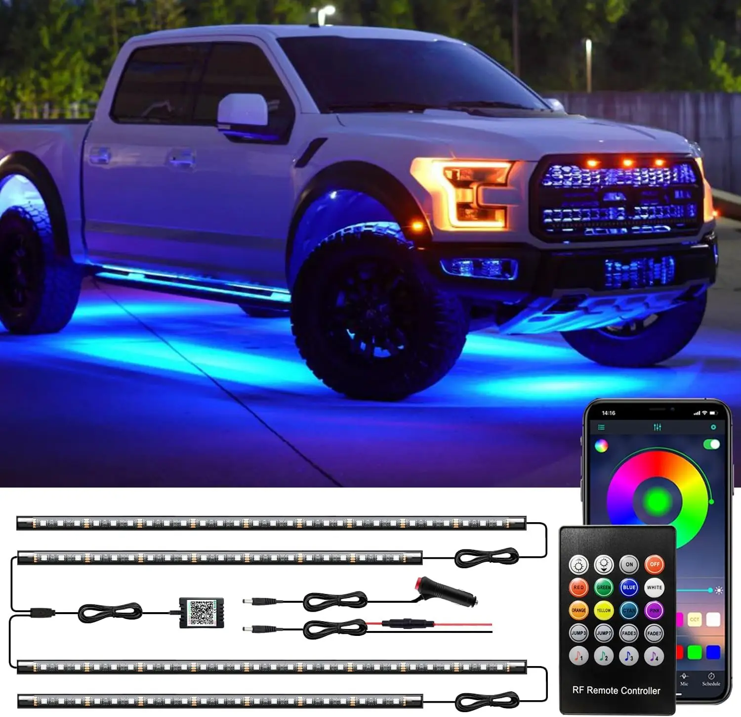 

Car Underglow Lights, App & Remote, 16M Colors, 29 Modes, Music Sync, DC 12V