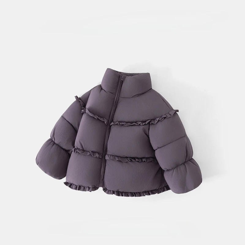 2025 Winter New Girl's Purple Half High Collar Lace Decoration Warm Thickened Cotton Jacket