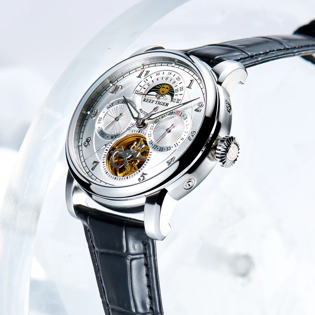 Reef Tiger/RT RGA1965 Exquisite Men's Automatic Mechanical Watch Multi functional Sapphire Mirror Business Watch Gift Reloj