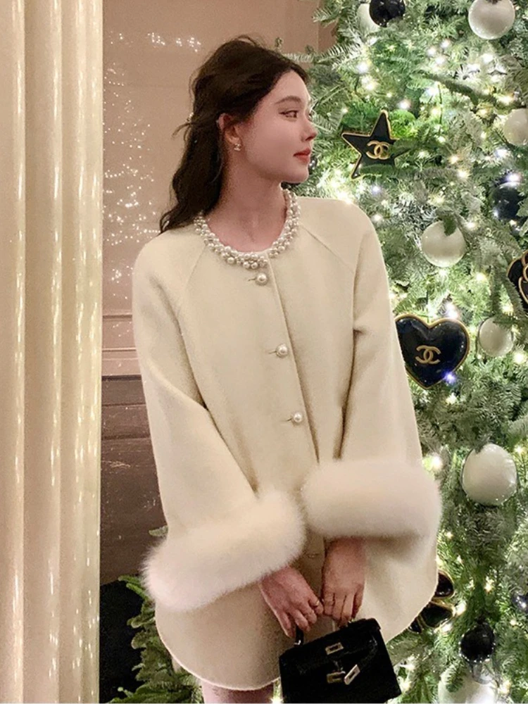 2025 nouvelle mode hiver automne vêtements femmes mi-longue véritable fourrure de renard manchette laine mélanges veste chaud perle cachemire laine manteau