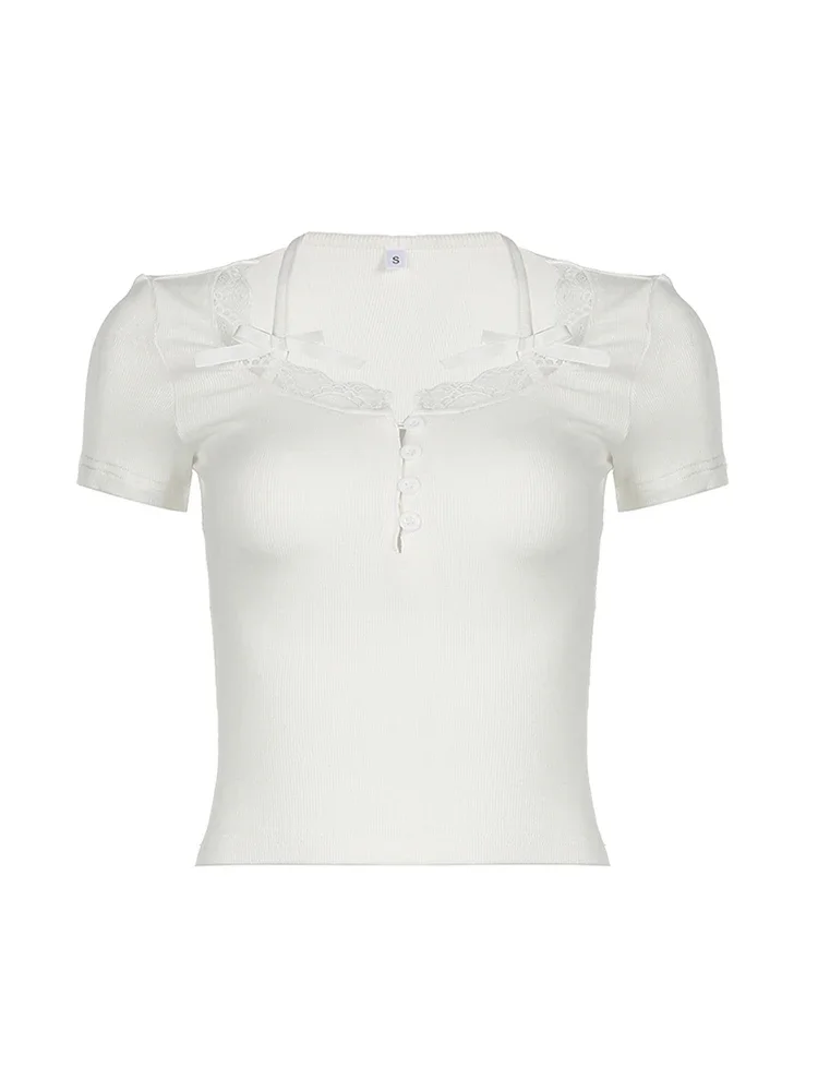Halter pescoço renda guarnição arco bonito preto camiseta feminina botão até magro manga curta branco t doce balletcore roupas