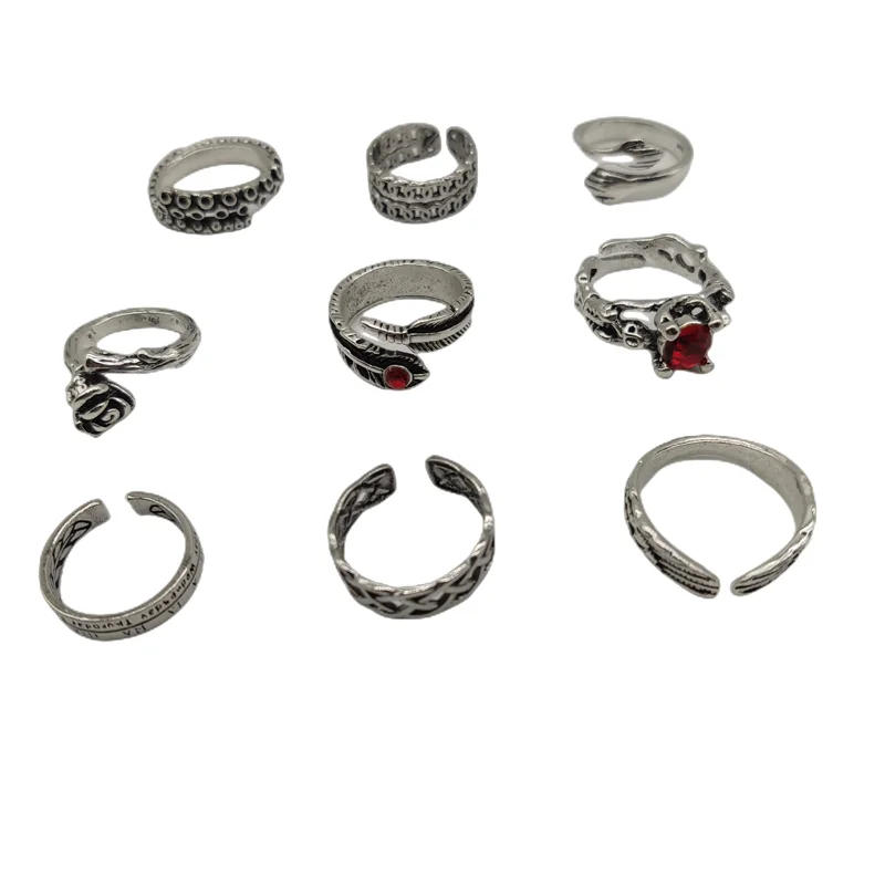 10pcs/Lot Antique Cool New Open Adjust Style Finger Rings For Women Punk Leaf Flower Wings Chain Joint Ring Male Rock Girl Party